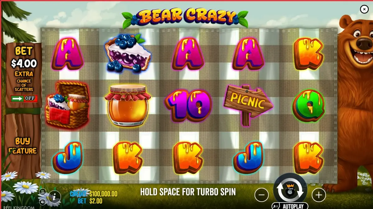 Pemandangan hutan yang cerah dengan simbol bertema piknik di slot Bear Crazy