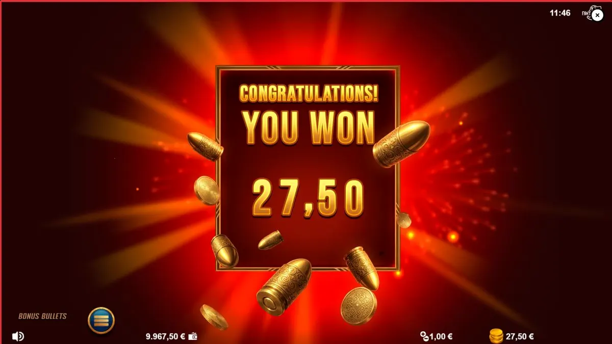 Tampilan visual slot Bonus Bullets dengan tema noir dan revolver emas
