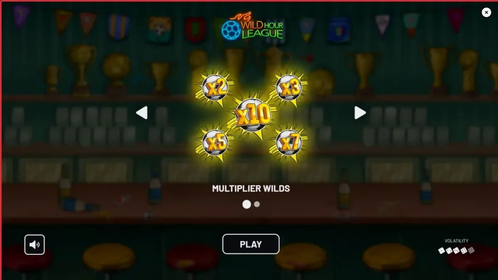 Tampilan visual slot Wild Hour League dengan tema bar olahraga dan elemen sepak bola.