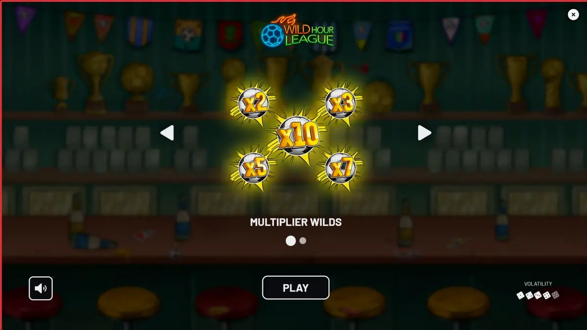 Tampilan visual slot Wild Hour League dengan tema bar olahraga dan elemen sepak bola.