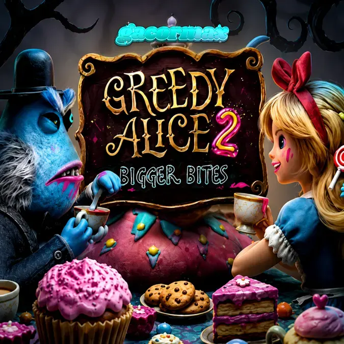 Tampilan visual slot Greedy Alice 2 Bigger Bites dengan tema Wonderland yang gelap